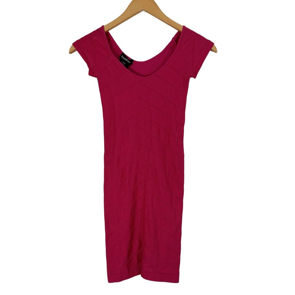 bebe Bodycon Stretchy Dress Hot Pink 90s Y2K Ribbed Cap Sleeve Sexy Womens Small